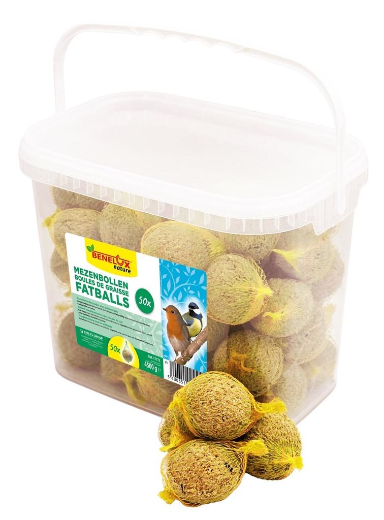 [BP17773] MEZENBOLLEN VOOR TUINVOGELS 50 ST VIERKANT EMMER MET NET 